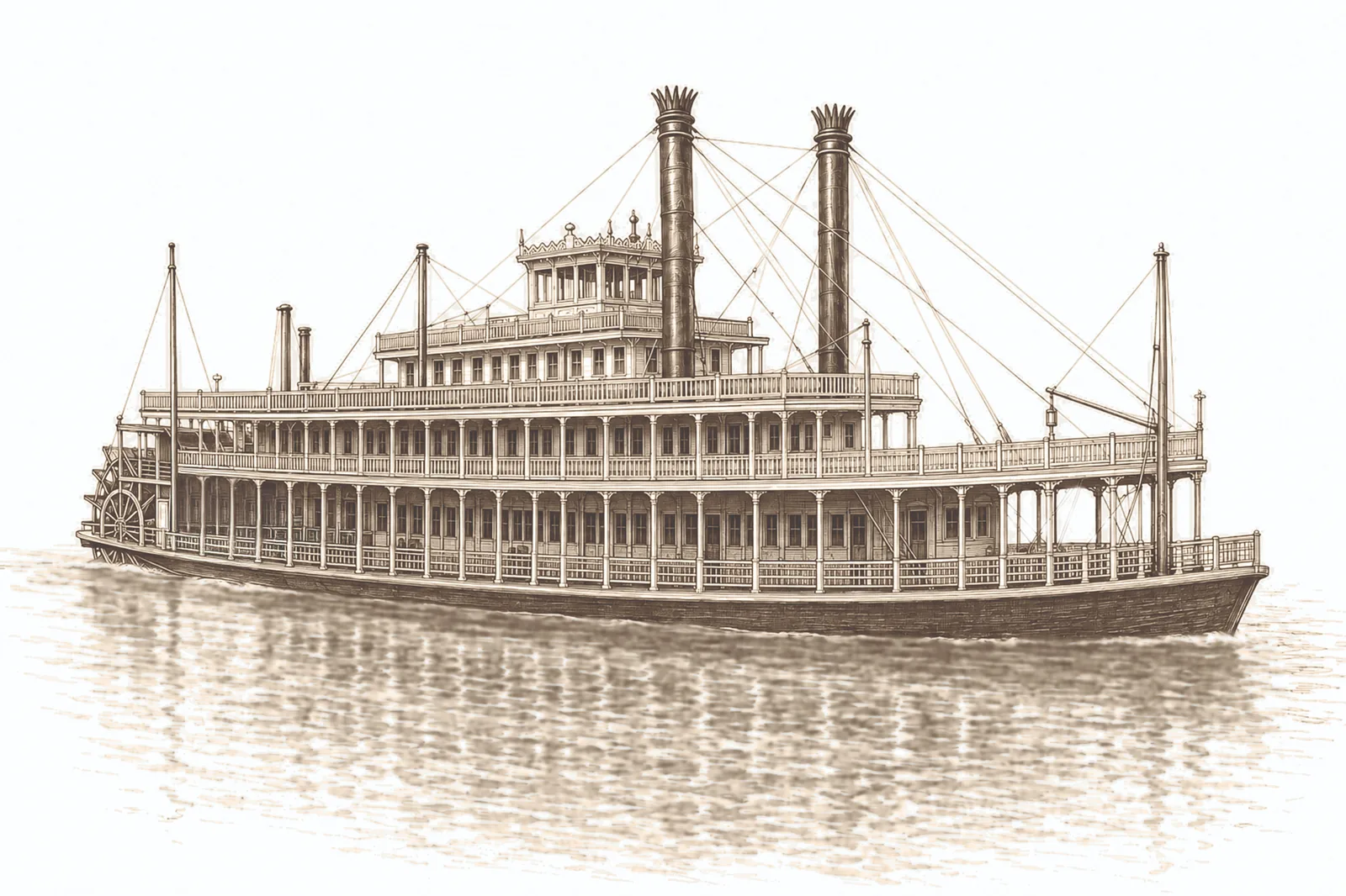 Mississippi River paddle steamer artwork by Deana Dods, sepia illustration of a twin-stack riverboat