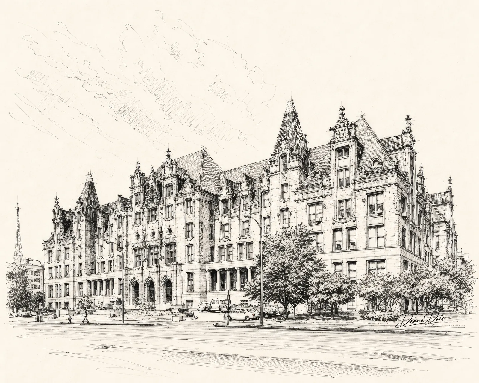 St. Louis City Hall artwork by Deana Dods, fine-line rendering of the French Renaissance facade with dormered roofline and corner turrets