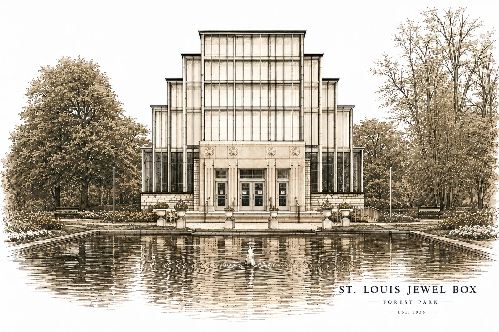 St. Louis Jewel Box artwork by Deana Dods, detailed illustration of the Forest Park glasshouse with reflecting pool and fountain