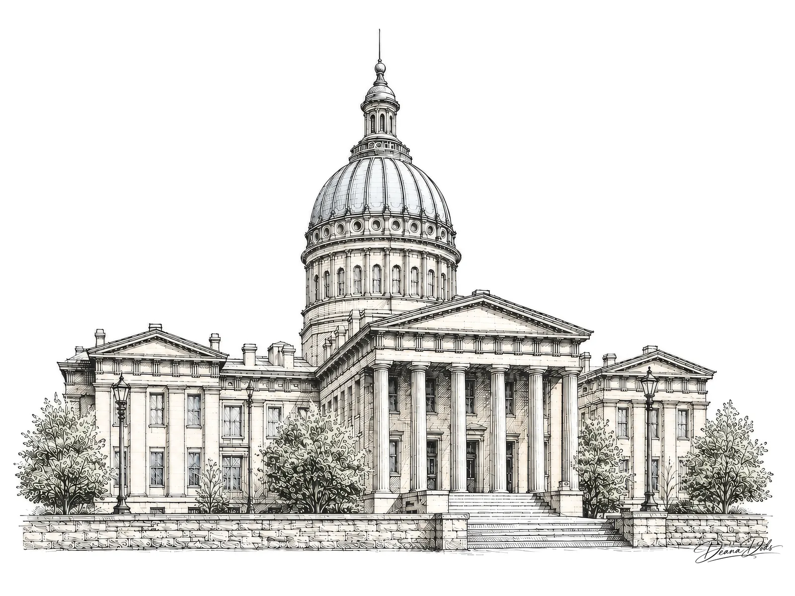St. Louis Old Courthouse artwork by Deana Dods, classic ink drawing of the iron dome and Greek Revival portico