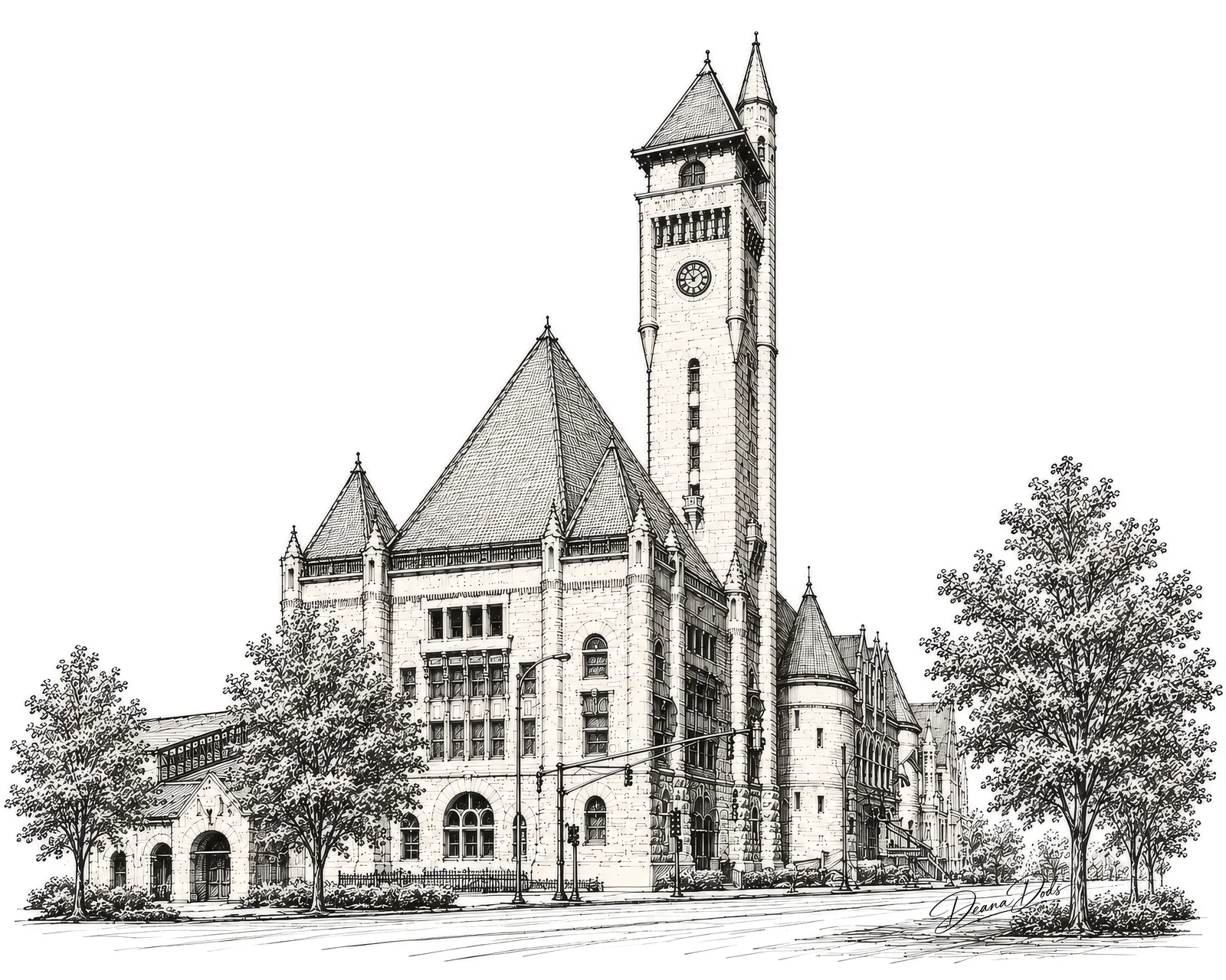 St. Louis Union Station artwork by Deana Dods, fine-line pen and ink rendering of the Romanesque clock tower and grand headhouse