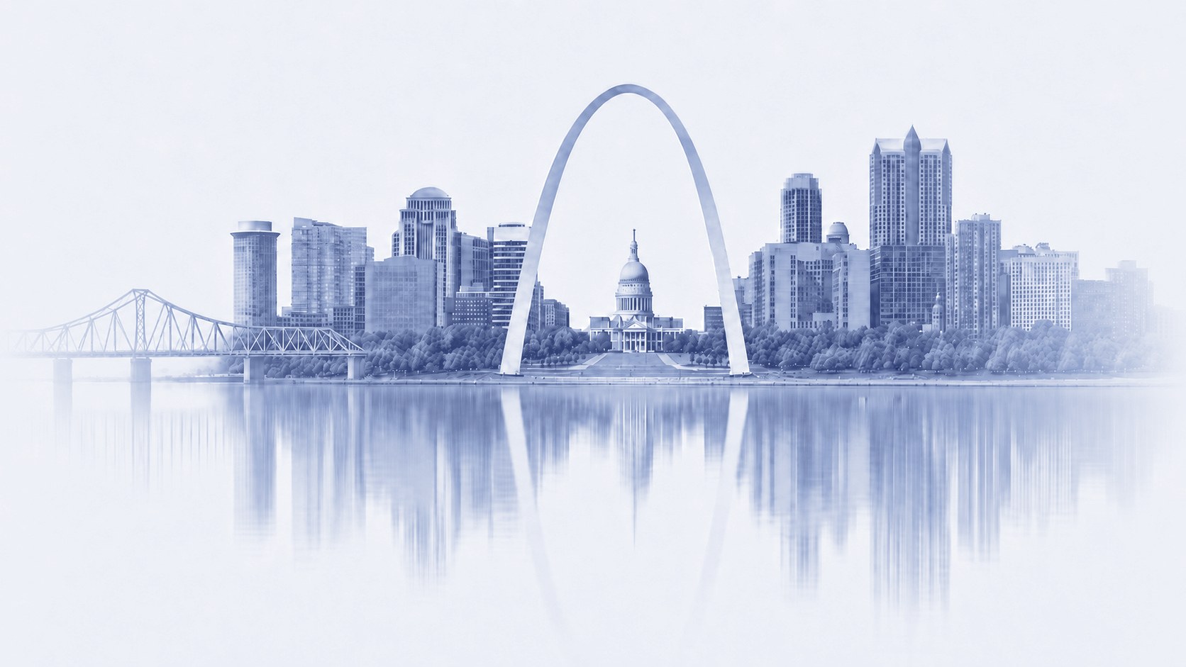 Gateway Arch St. Louis skyline artwork by Deana Dods, blue-toned rendering of the Old Courthouse and downtown riverfront